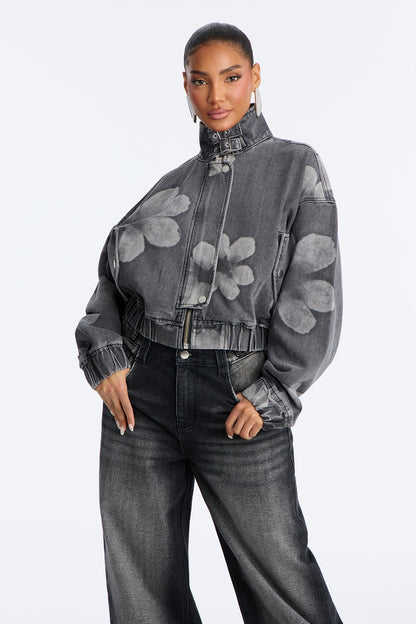 Born To Bloom High Neck Denim Jacket - Grey/Smoke