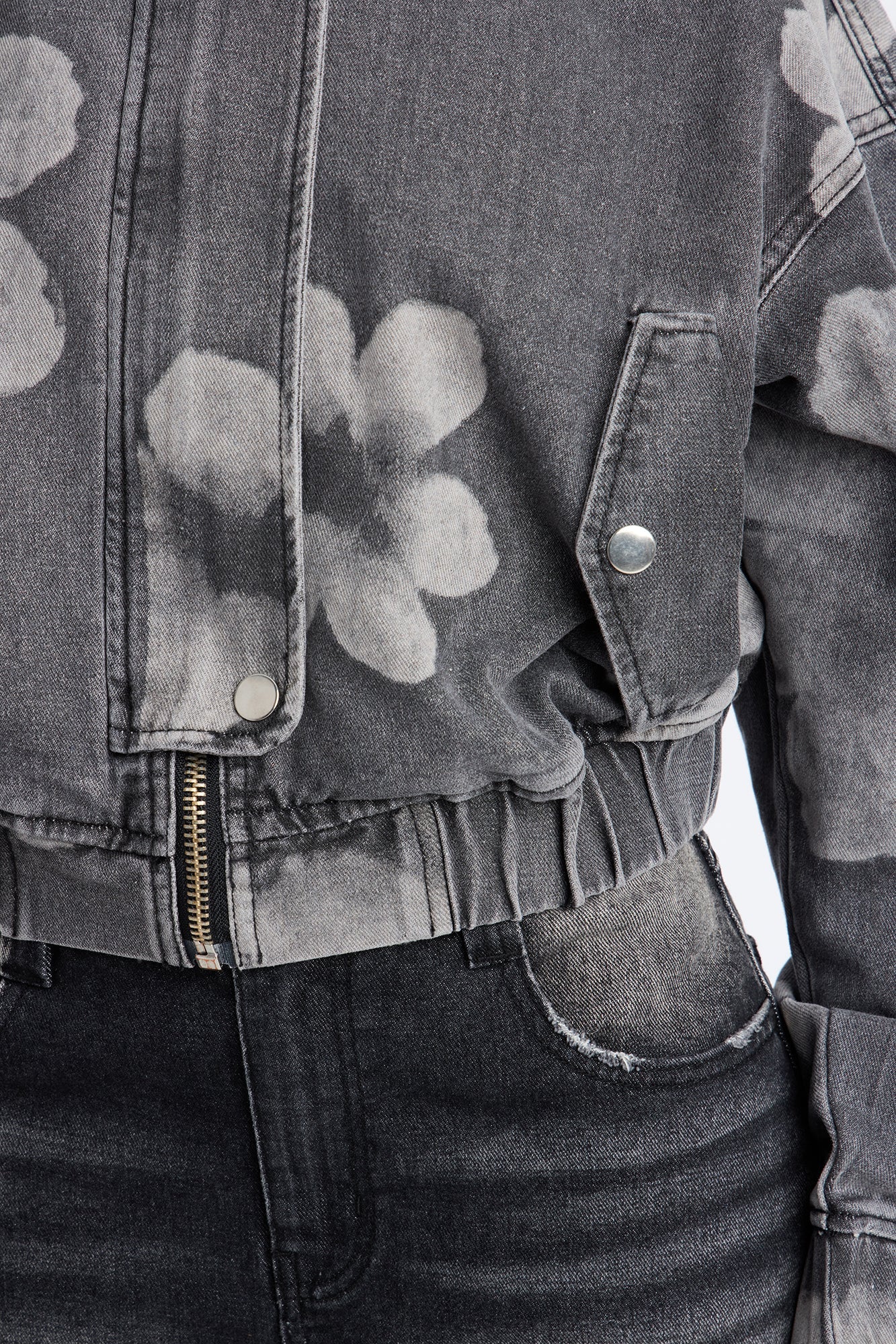 Born To Bloom High Neck Denim Jacket - Grey/Smoke
