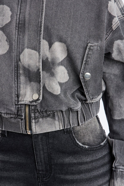 Born To Bloom High Neck Denim Jacket - Grey/Smoke