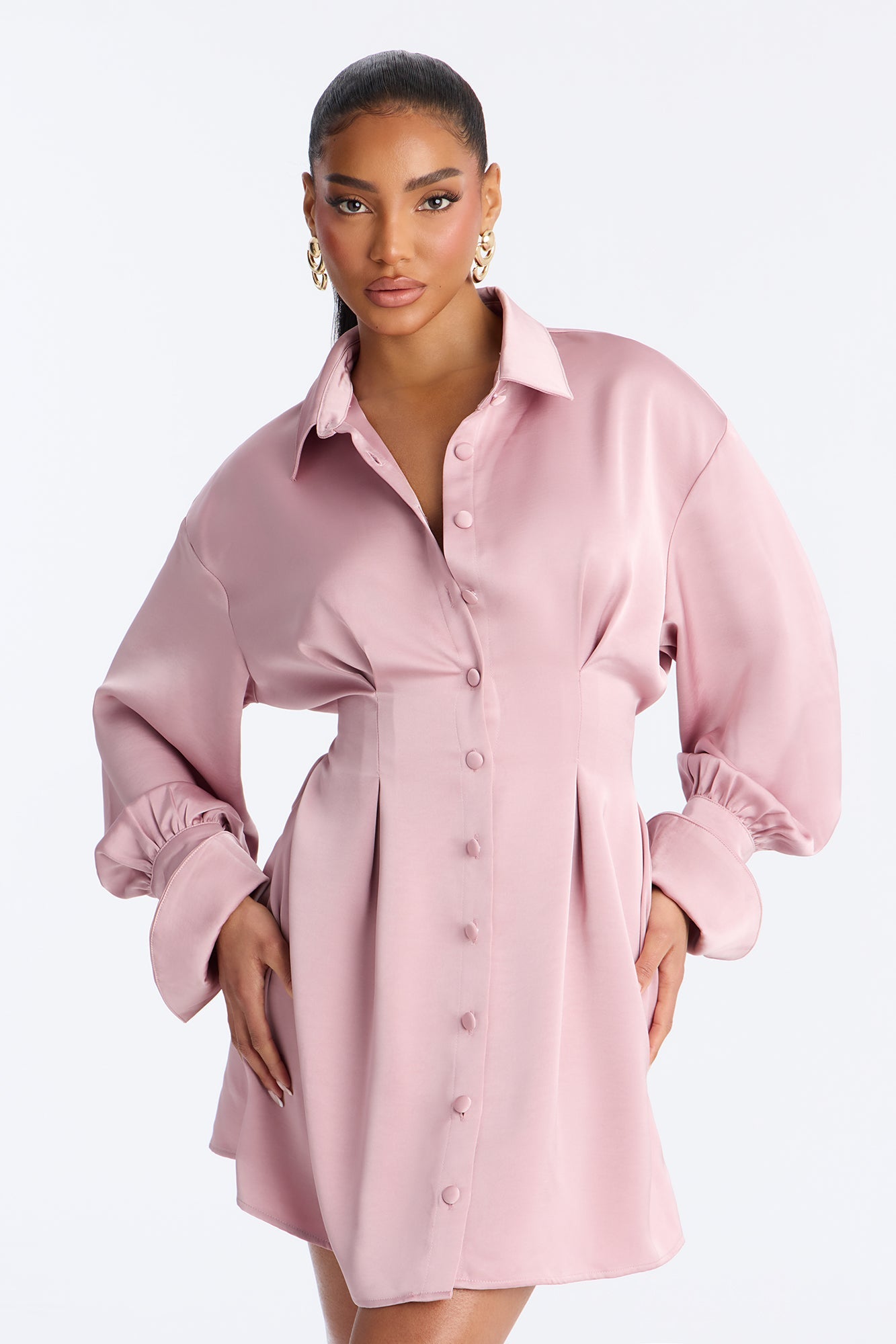 Samantha Long Sleeve Stretch Satin Mini Dress - Mauve