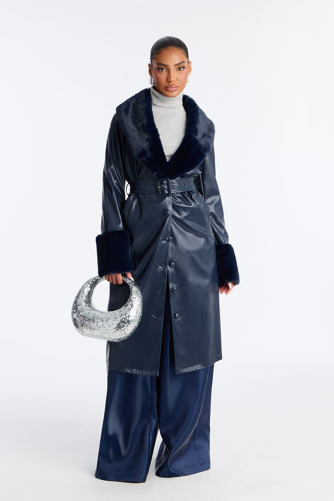 Milana Fur Trim Faux Leather Coat - Navy
