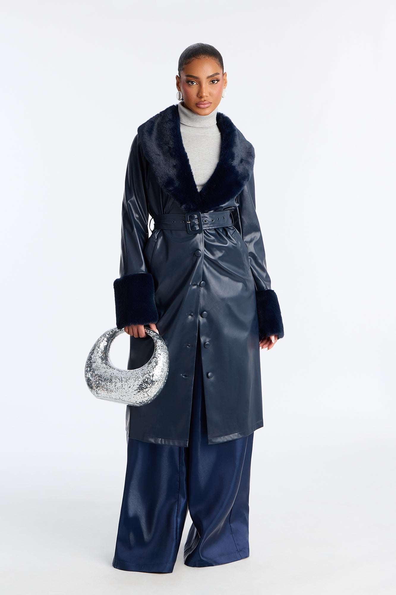 Milana Fur Trim Faux Leather Coat - Navy