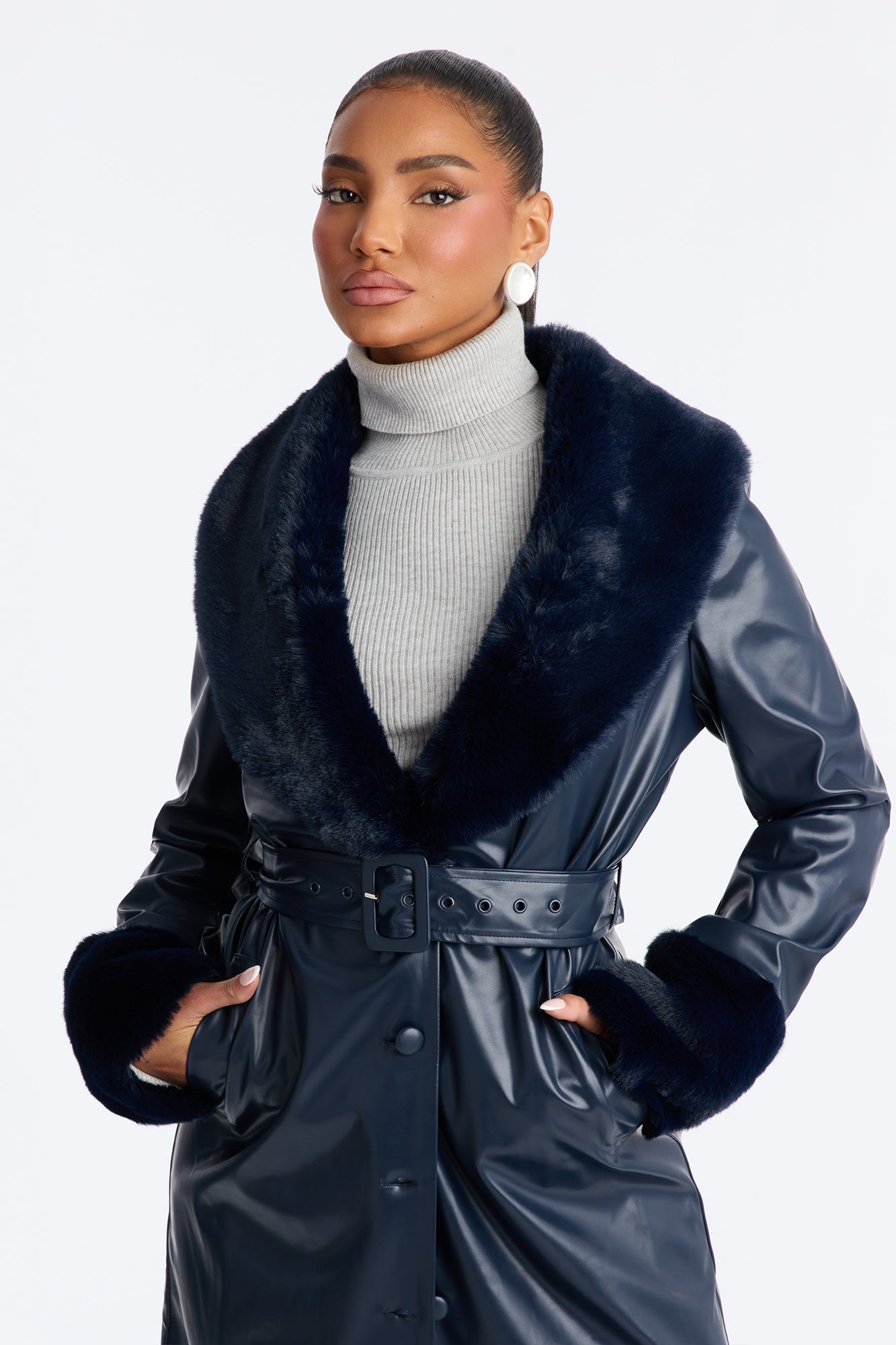 Milana Fur Trim Faux Leather Coat - Navy