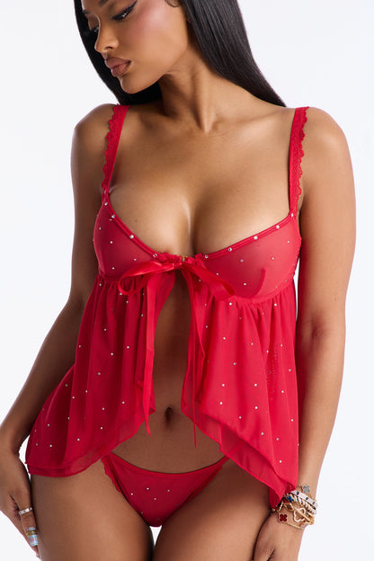Guilty Love Rhinestone Mesh Babydoll - Red