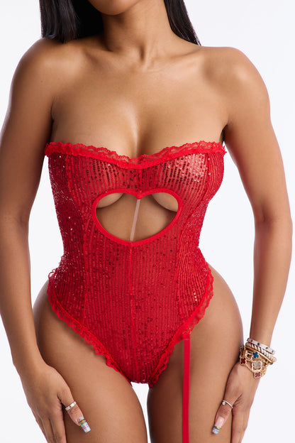 Under Your Heart Sequin Teddy With Garter Strap - Red
