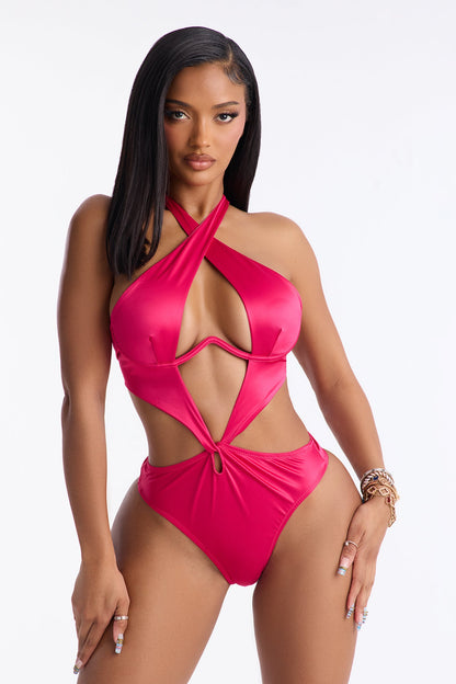 Twisted Love Stretch Satin Teddy - Fuchsia