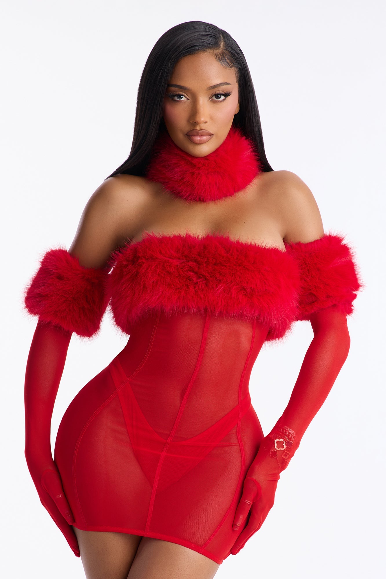 Plush Provocateur Mesh Faux Fur Chemise Dress With Gloves - Red