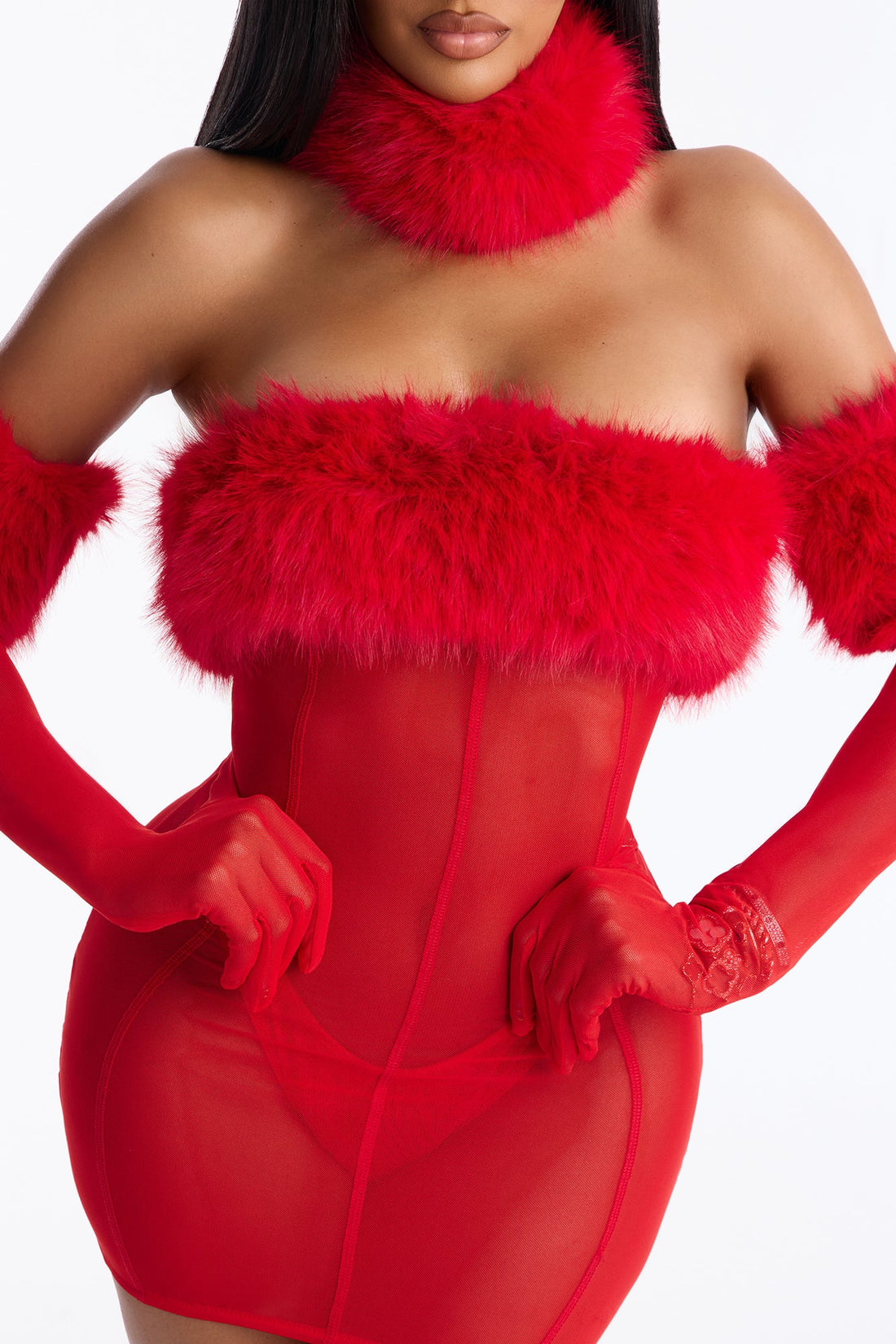 Plush Provocateur Mesh Faux Fur Chemise Dress With Gloves - Red