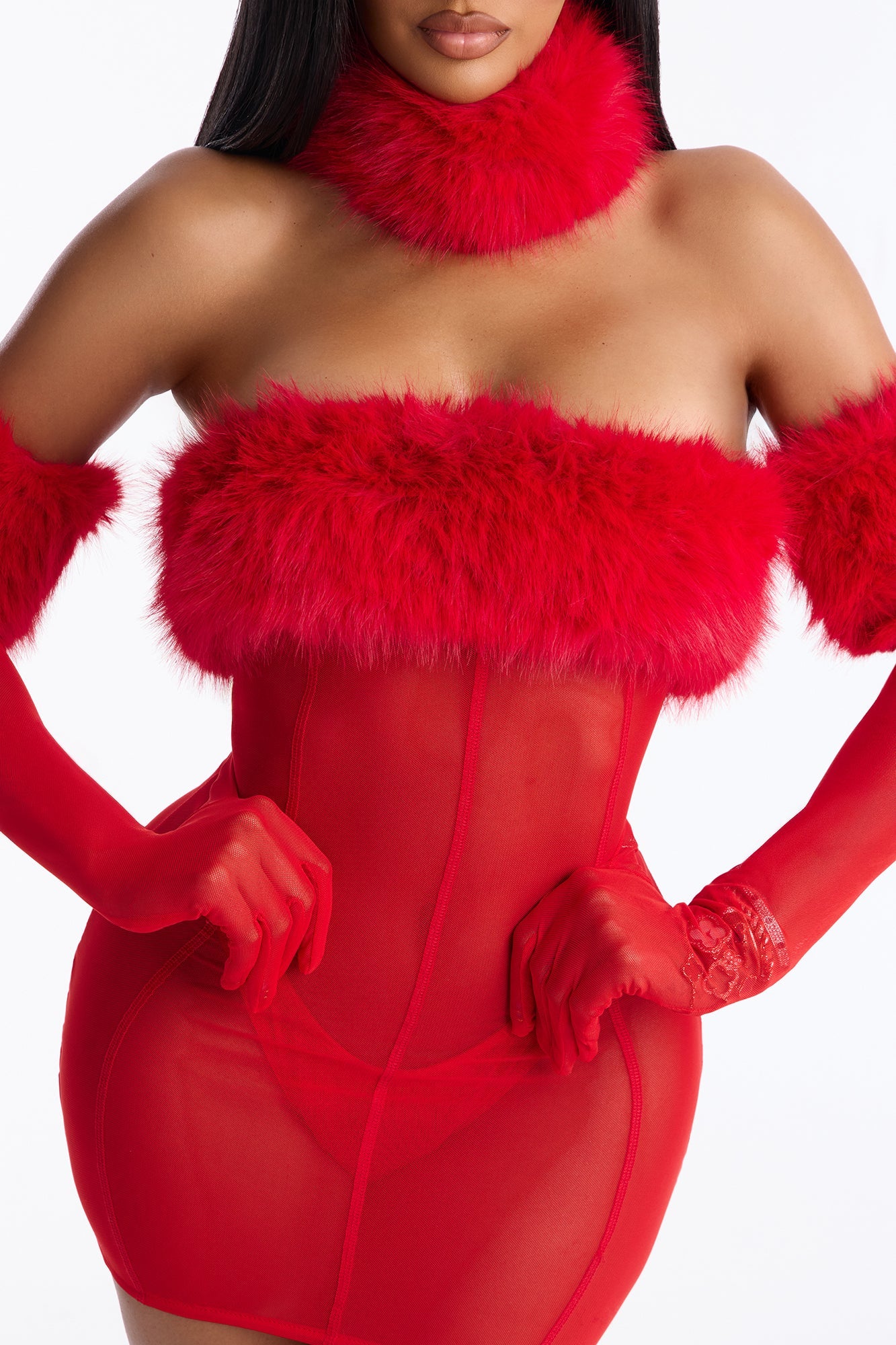 Plush Provocateur Mesh Faux Fur Chemise Dress With Gloves - Red