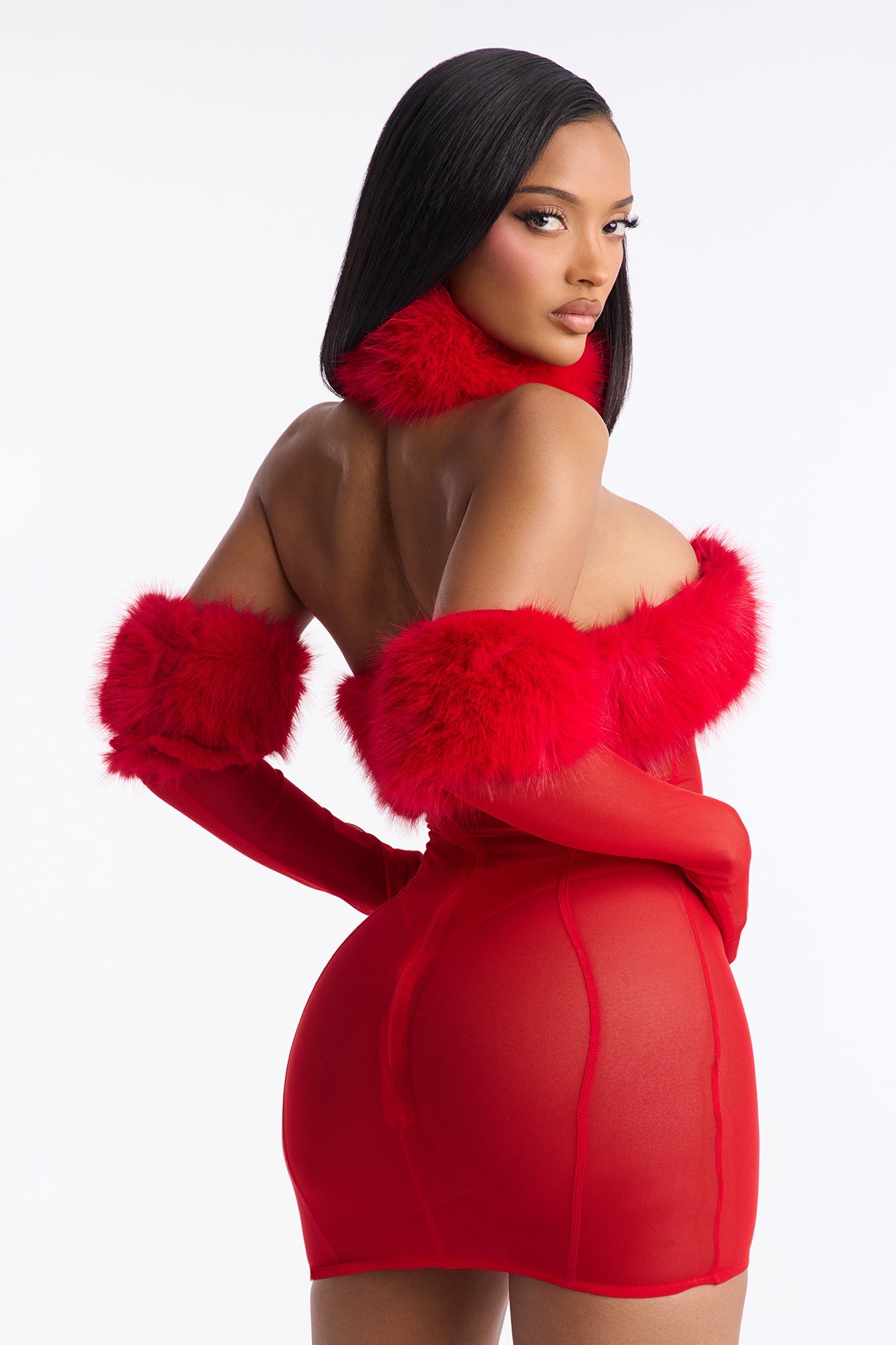 Plush Provocateur Mesh Faux Fur Chemise Dress With Gloves - Red