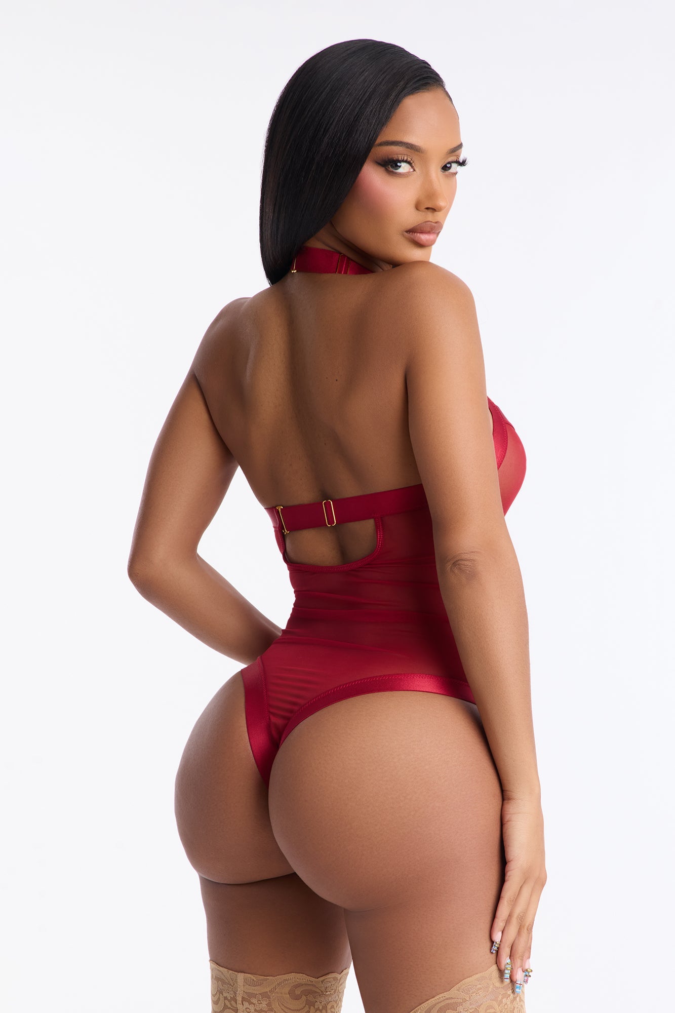 Lost My Breathe Mesh Teddy Thong Bodysuit - DarkRed
