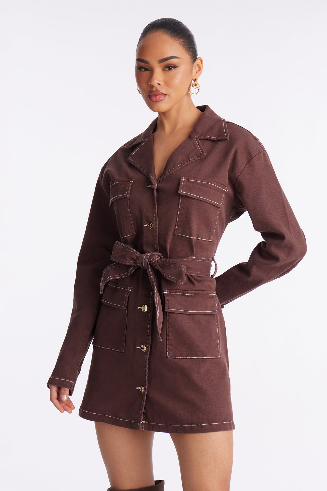 Frenchie Denim Mini Shirt Dress - Brown