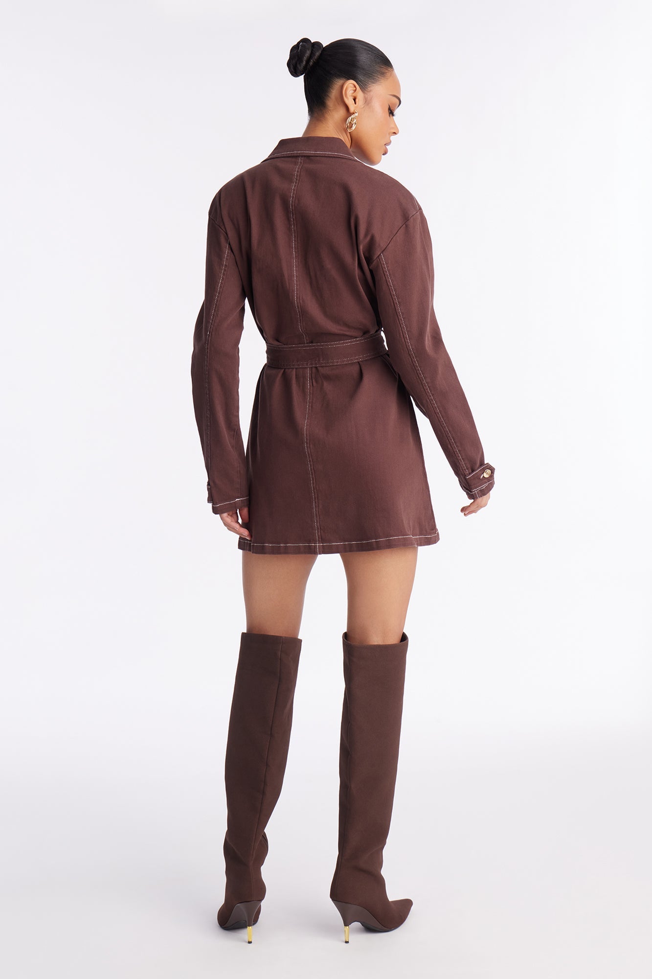 Frenchie Denim Mini Shirt Dress - Brown
