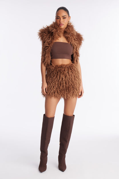 Bad Behavior Faux Fur Mini Skirt Set - Chocolate