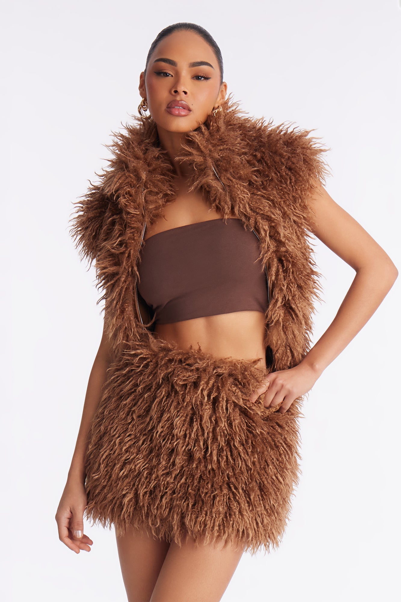 Bad Behavior Faux Fur Mini Skirt Set - Chocolate
