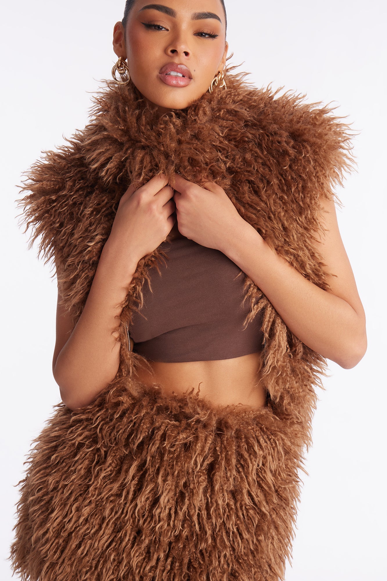 Bad Behavior Faux Fur Mini Skirt Set - Chocolate