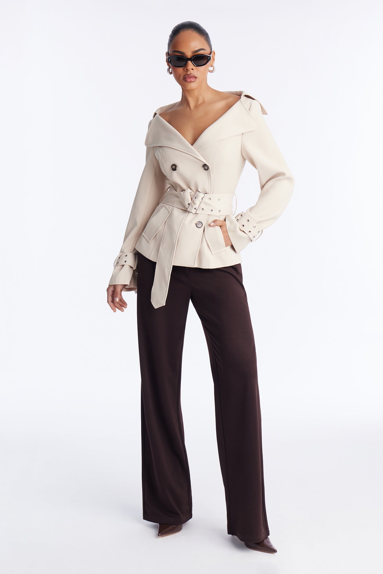 Georgina Off Shoulder Trench Coat - Khaki