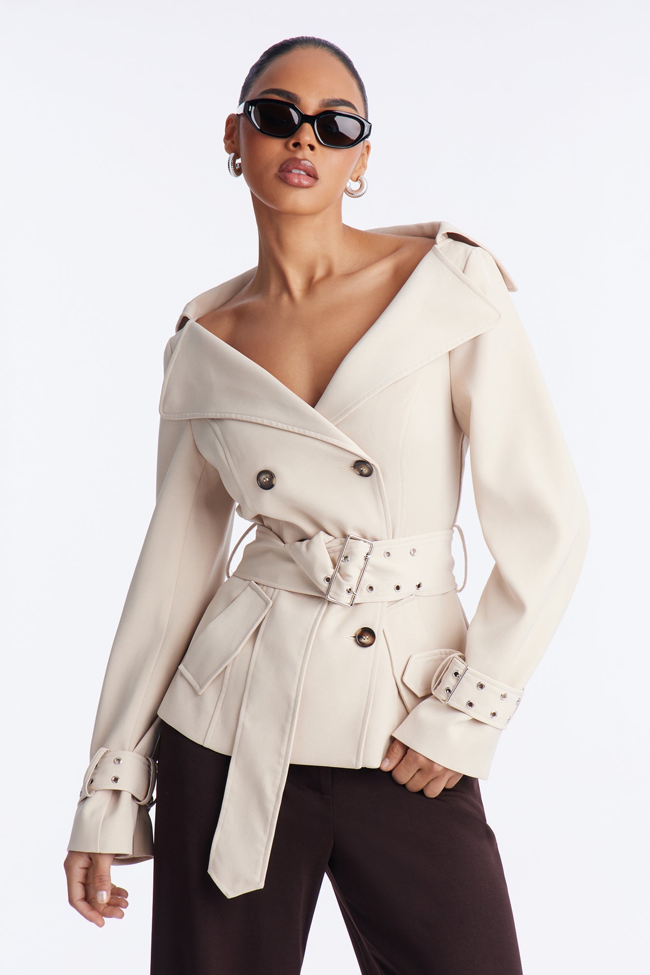 Georgina Off Shoulder Trench Coat - Khaki