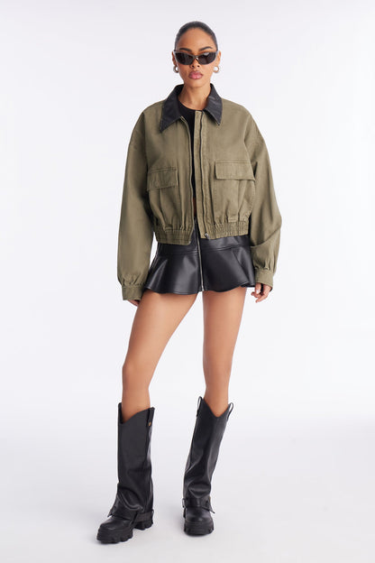 Rory Cropped Cargo Bomber Jacket - Olive
