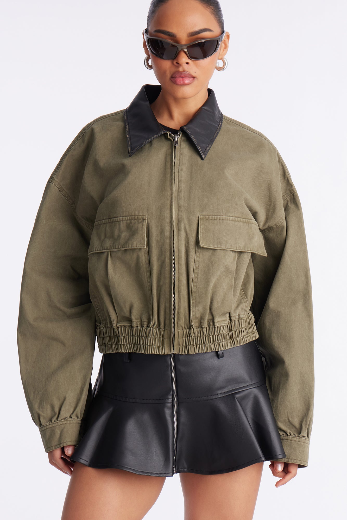 Rory Cropped Cargo Bomber Jacket - Olive