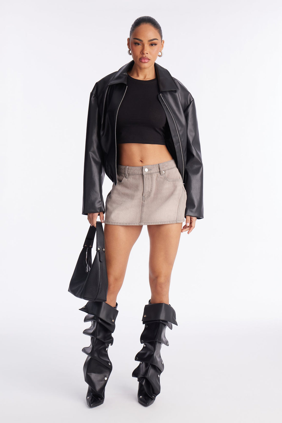 Genieve Washed Denim Mini Skirt - Grey
