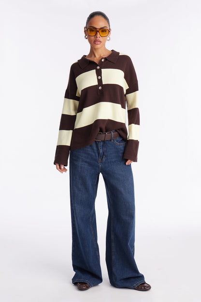 Go Getter Striped Polo Sweater - Brown/combo
