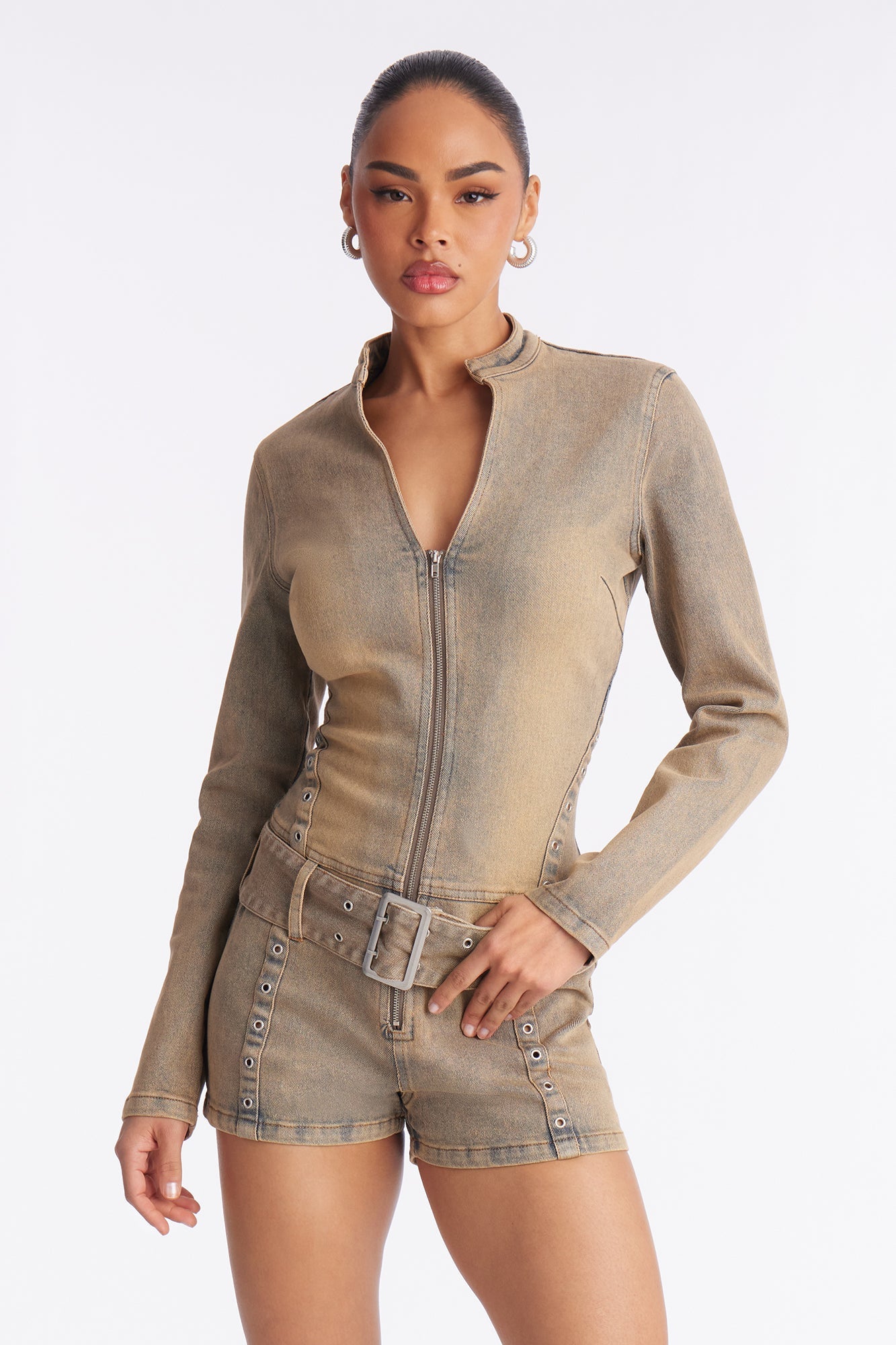 Shannon Denim Belted Romper - Vintage Wash