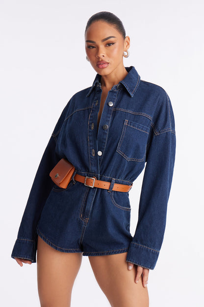 Keep It Low Key Belted Denim Romper - Dark Denim