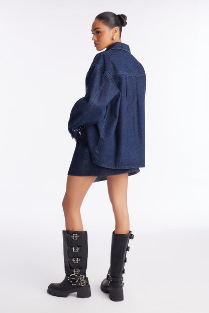 Sanna Studded Denim Mini Skirt Set - Dark Wash