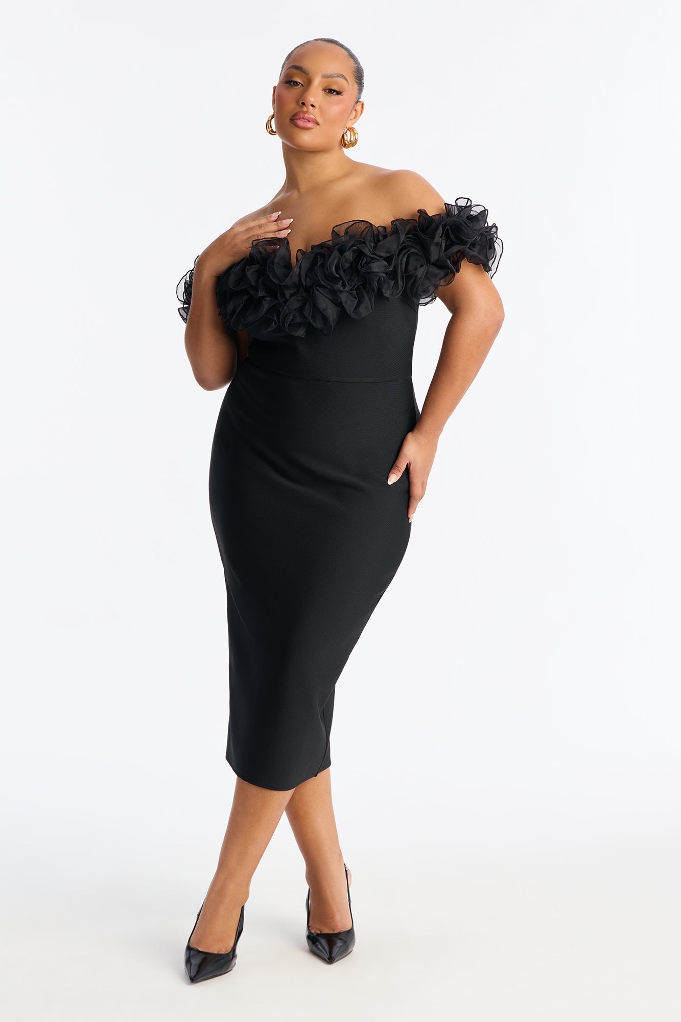 Date Night Ruffle Bandage Midi Dress - Black