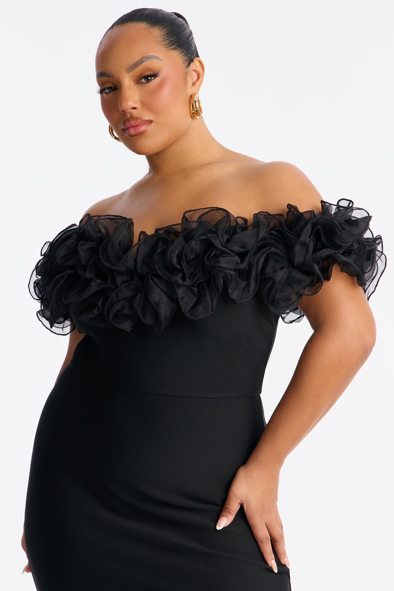 Date Night Ruffle Bandage Midi Dress - Black