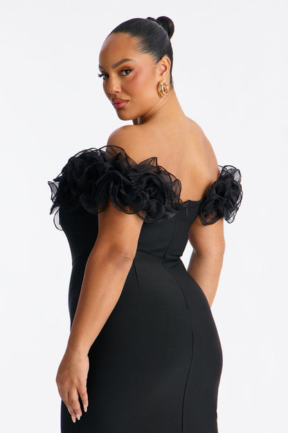 Date Night Ruffle Bandage Midi Dress - Black