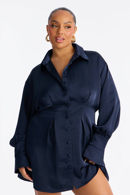 Samantha Long Sleeve Stretch Satin Mini Dress - Navy