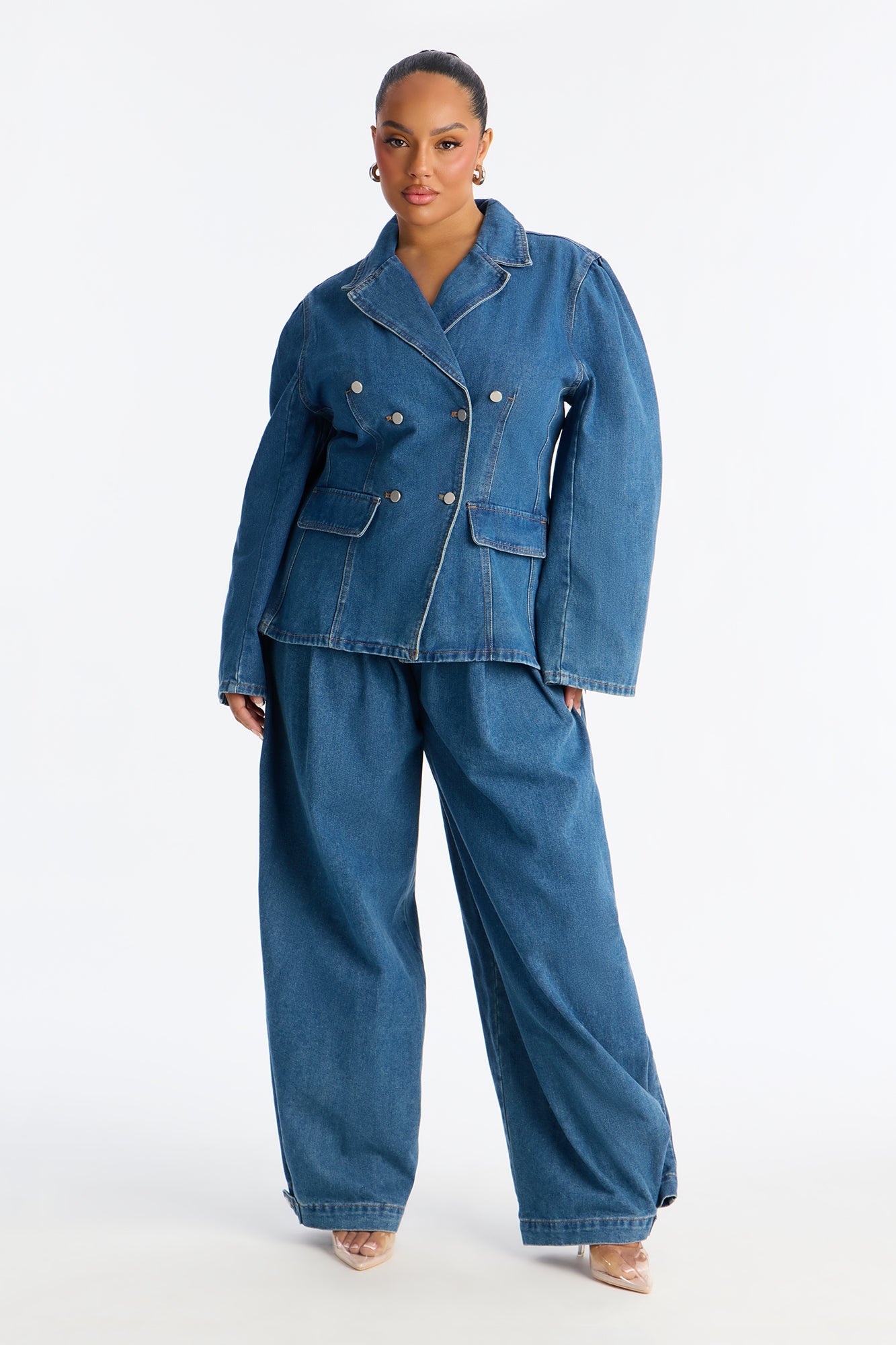 Clara Washed Denim Blazer Pant Set - Medium Wash