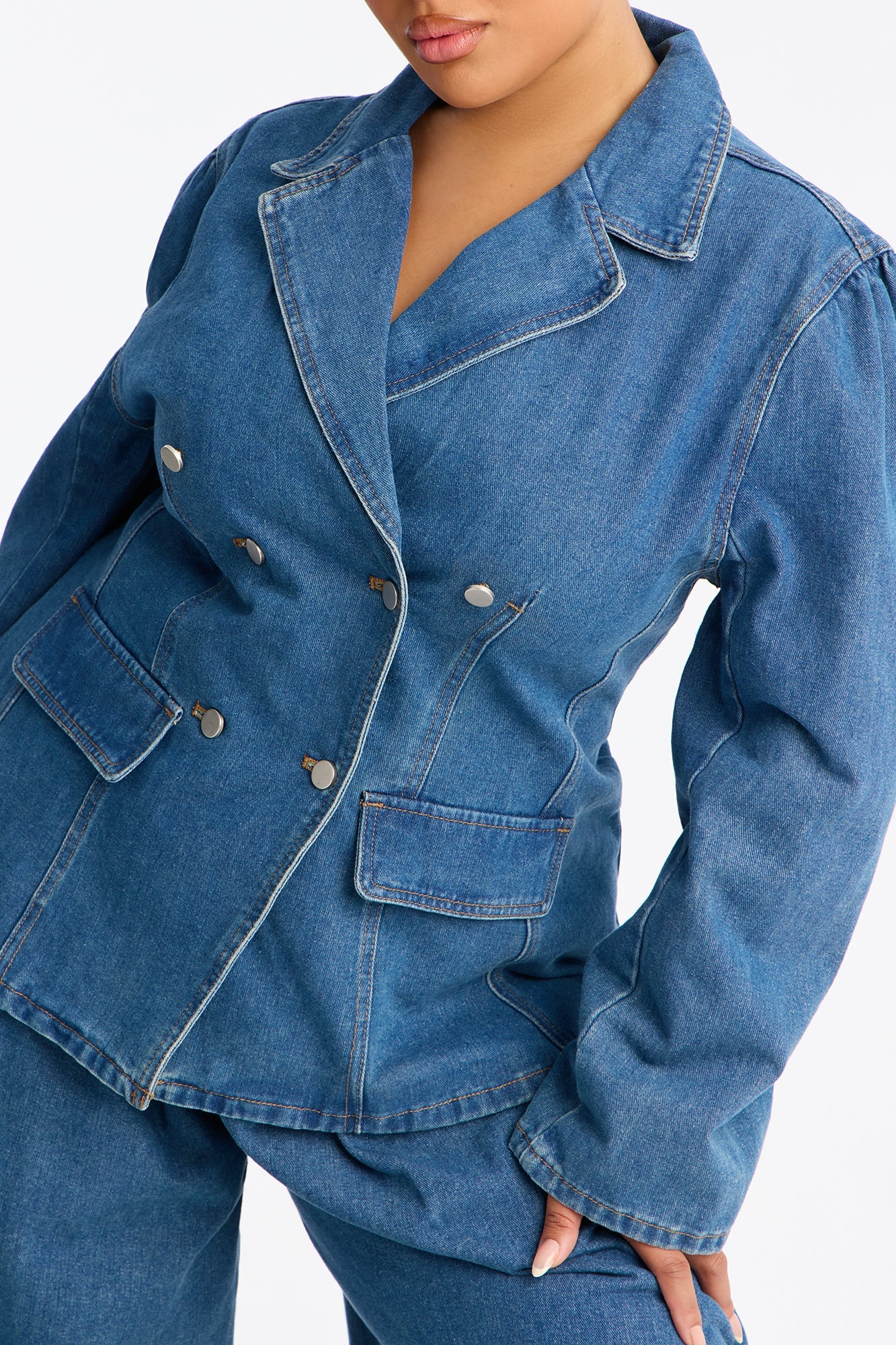 Clara Washed Denim Blazer Pant Set - Medium Wash
