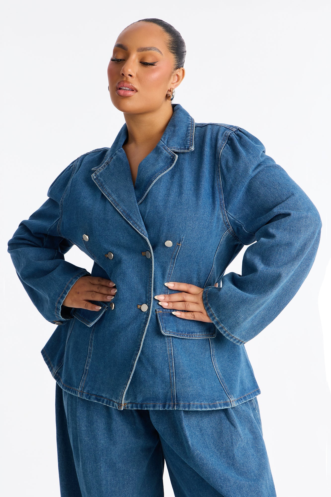 Clara Washed Denim Blazer Pant Set - Medium Wash