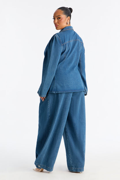 Clara Washed Denim Blazer Pant Set - Medium Wash