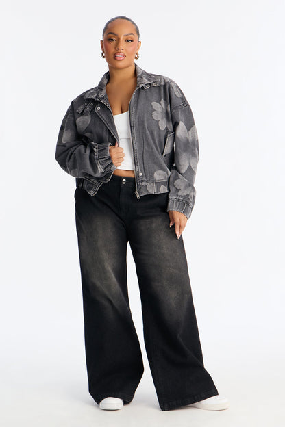 Born To Bloom High Neck Denim Jacket - Grey/Smoke