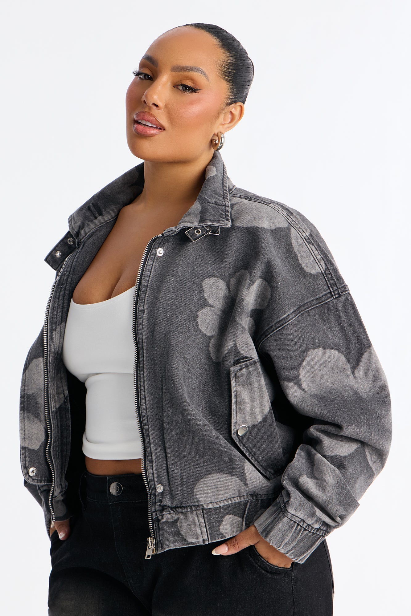 Born To Bloom High Neck Denim Jacket - Grey/Smoke