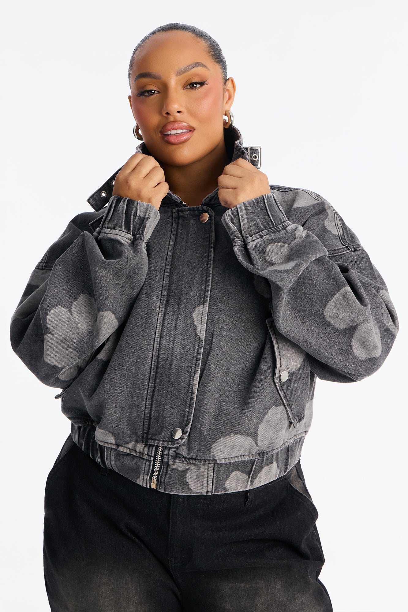 Born To Bloom High Neck Denim Jacket - Grey/Smoke