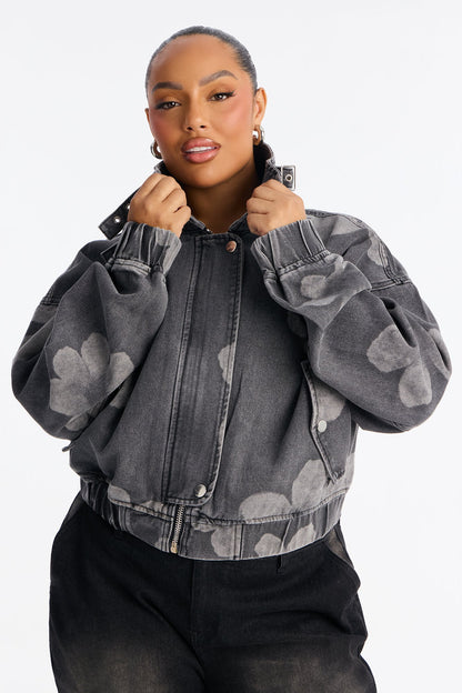 Born To Bloom High Neck Denim Jacket - Grey/Smoke