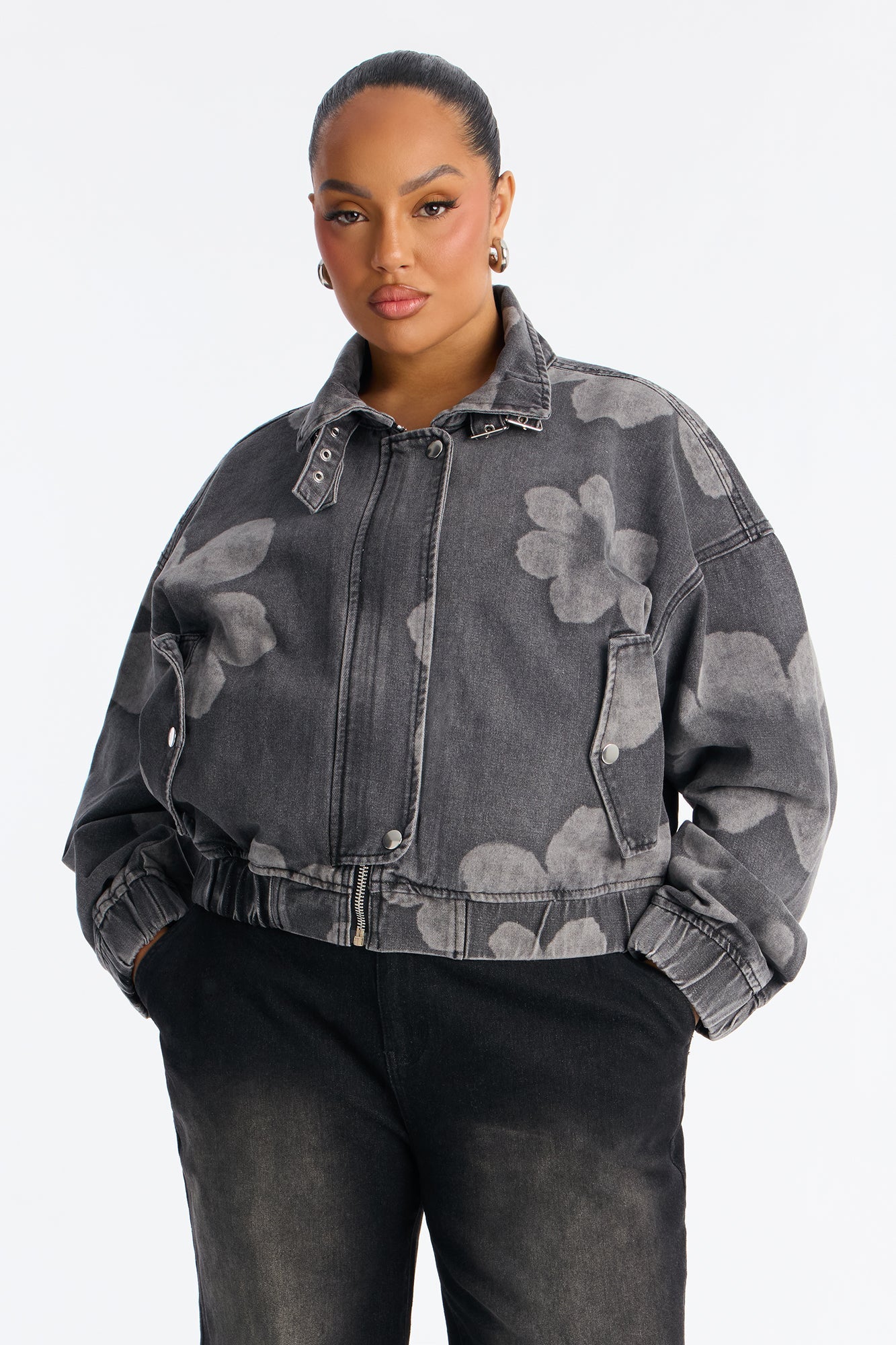 Born To Bloom High Neck Denim Jacket - Grey/Smoke