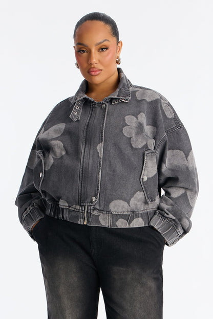 Born To Bloom High Neck Denim Jacket - Grey/Smoke