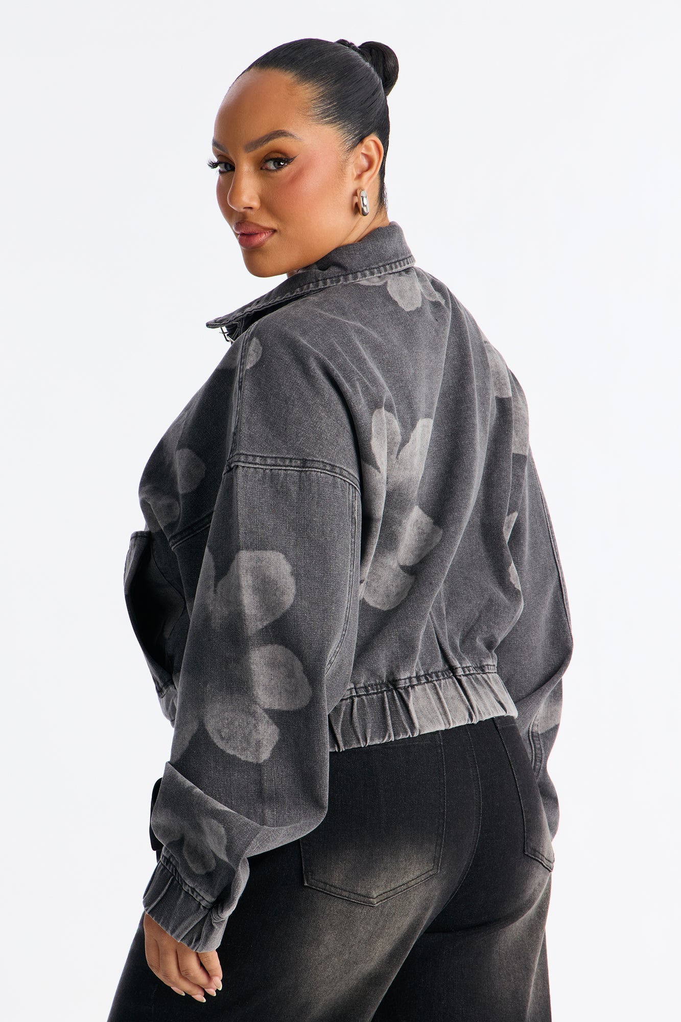 Born To Bloom High Neck Denim Jacket - Grey/Smoke