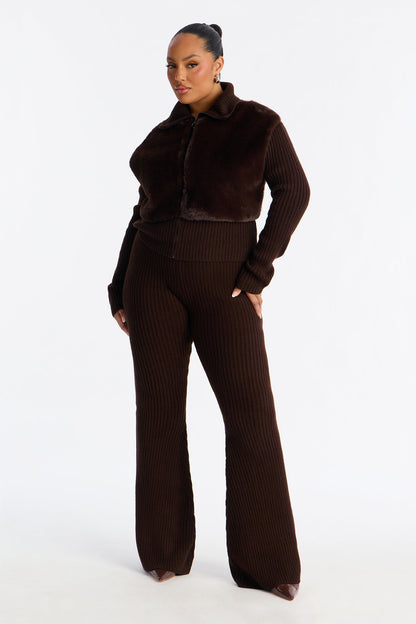 Nina Fur Trim Flare Leg Pant Set - Chocolate