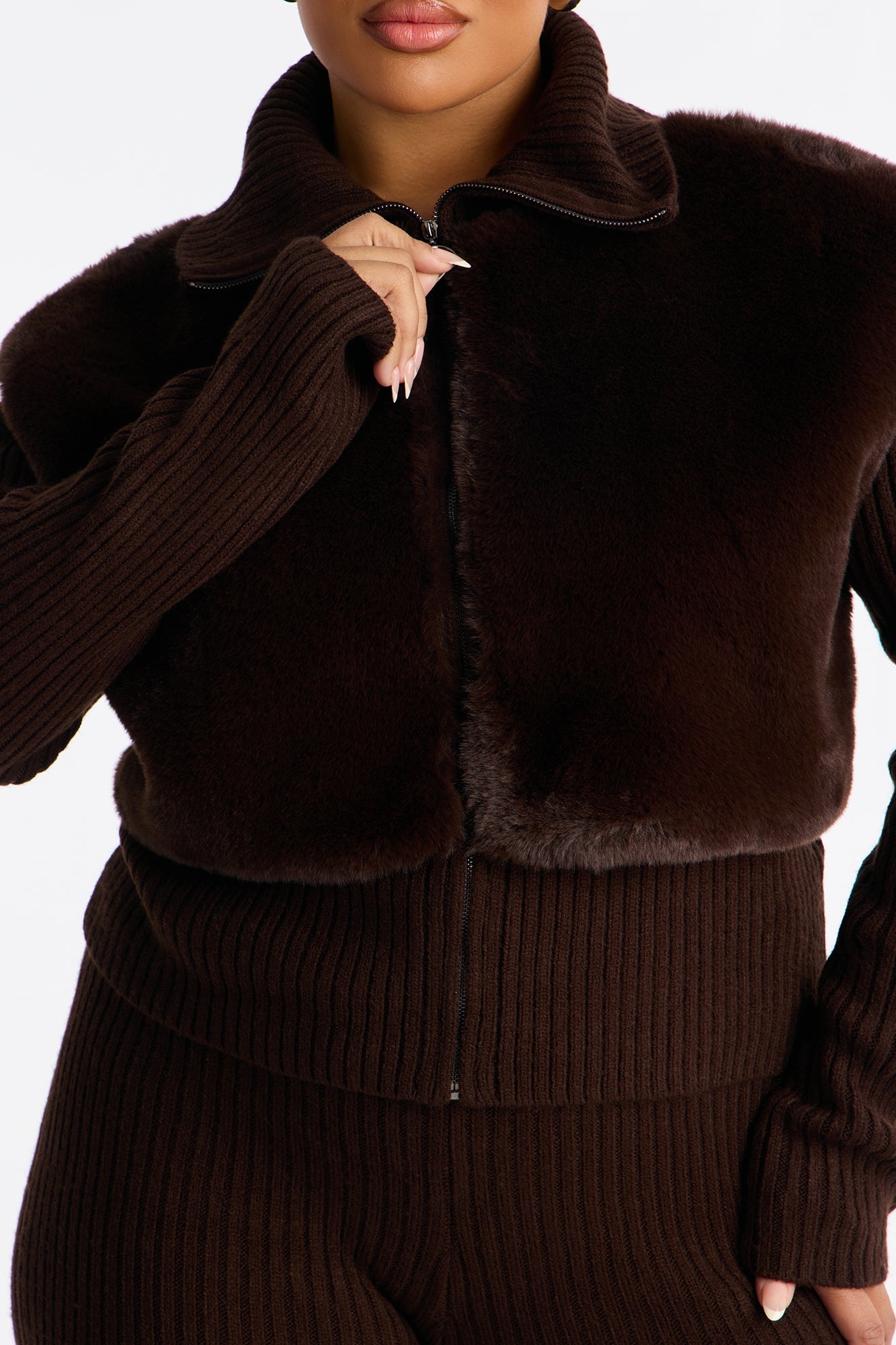 Nina Fur Trim Flare Leg Pant Set - Chocolate