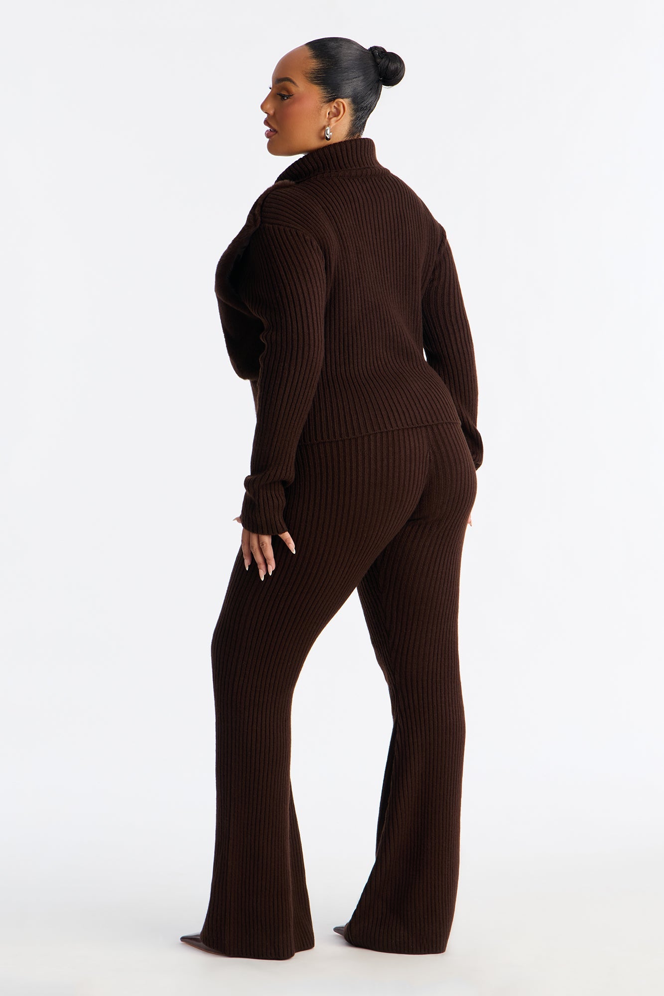 Nina Fur Trim Flare Leg Pant Set - Chocolate
