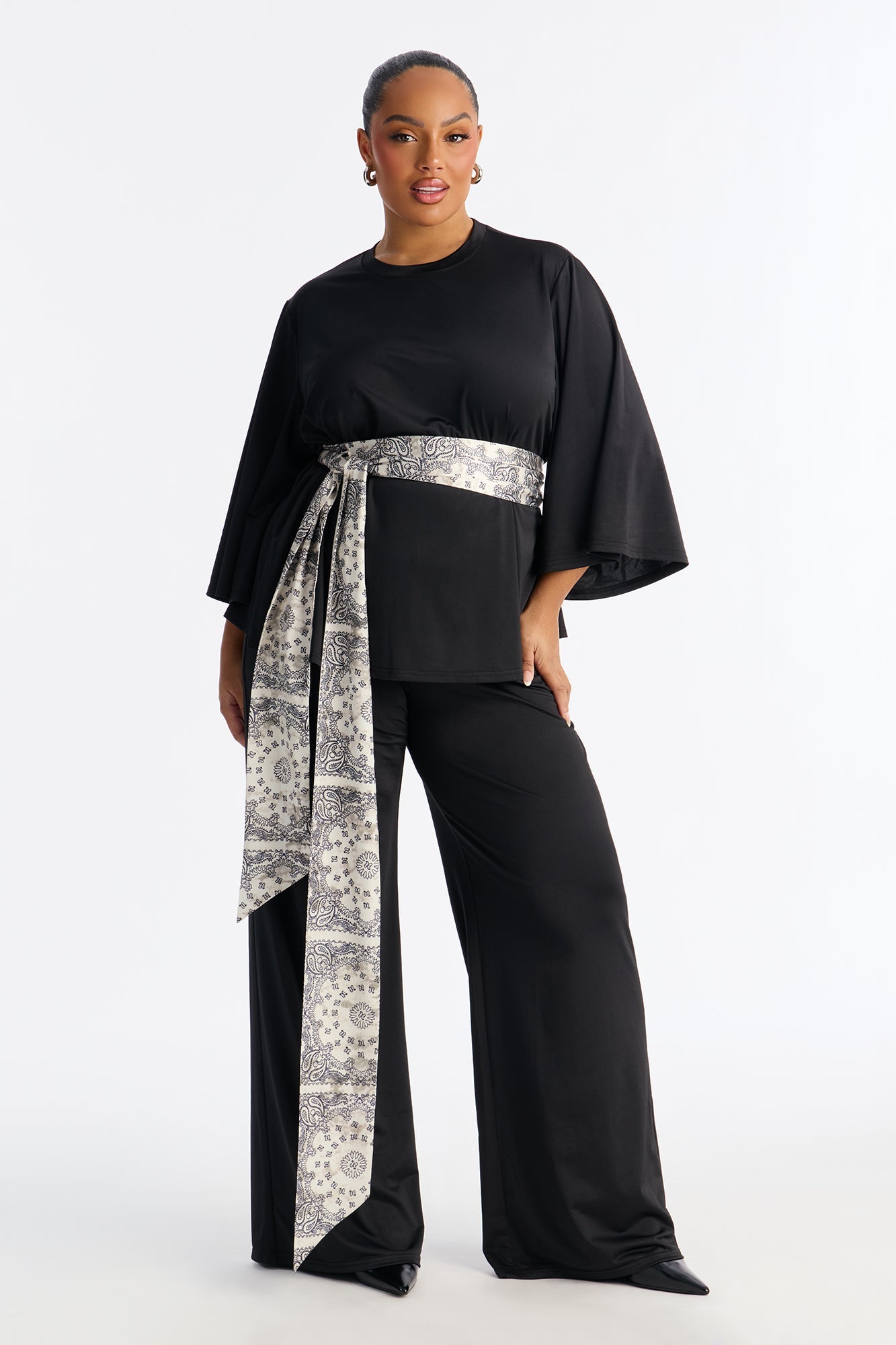 Normani 3 Piece Scarf Belt Pant Set - Black