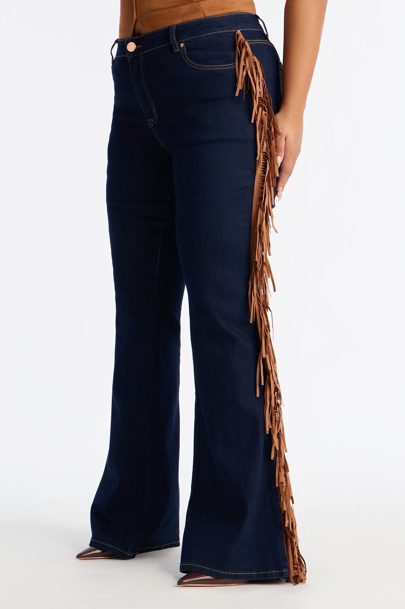 Howdy Girl Low Rise Fringe Flare Jeans - Dark Denim