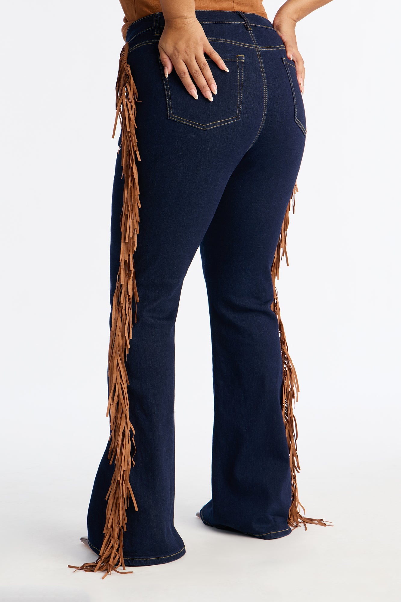 Howdy Girl Low Rise Fringe Flare Jeans - Dark Denim